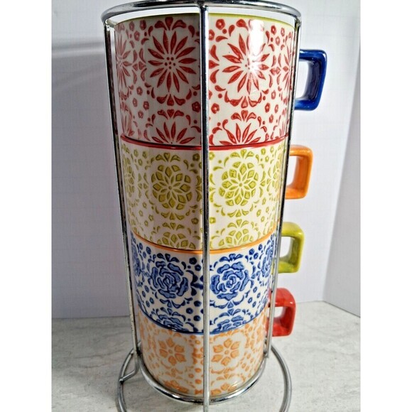 Pier One Inports Hand Painted Stoneware Cup Set of 4 Stackable Cups with Stand. - Picture 1 of 6